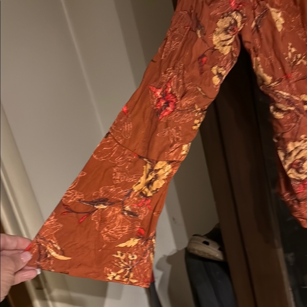 Free People Orange Wrap Blouse with Tie Front and Long Sleeves - Picture 3 of 4